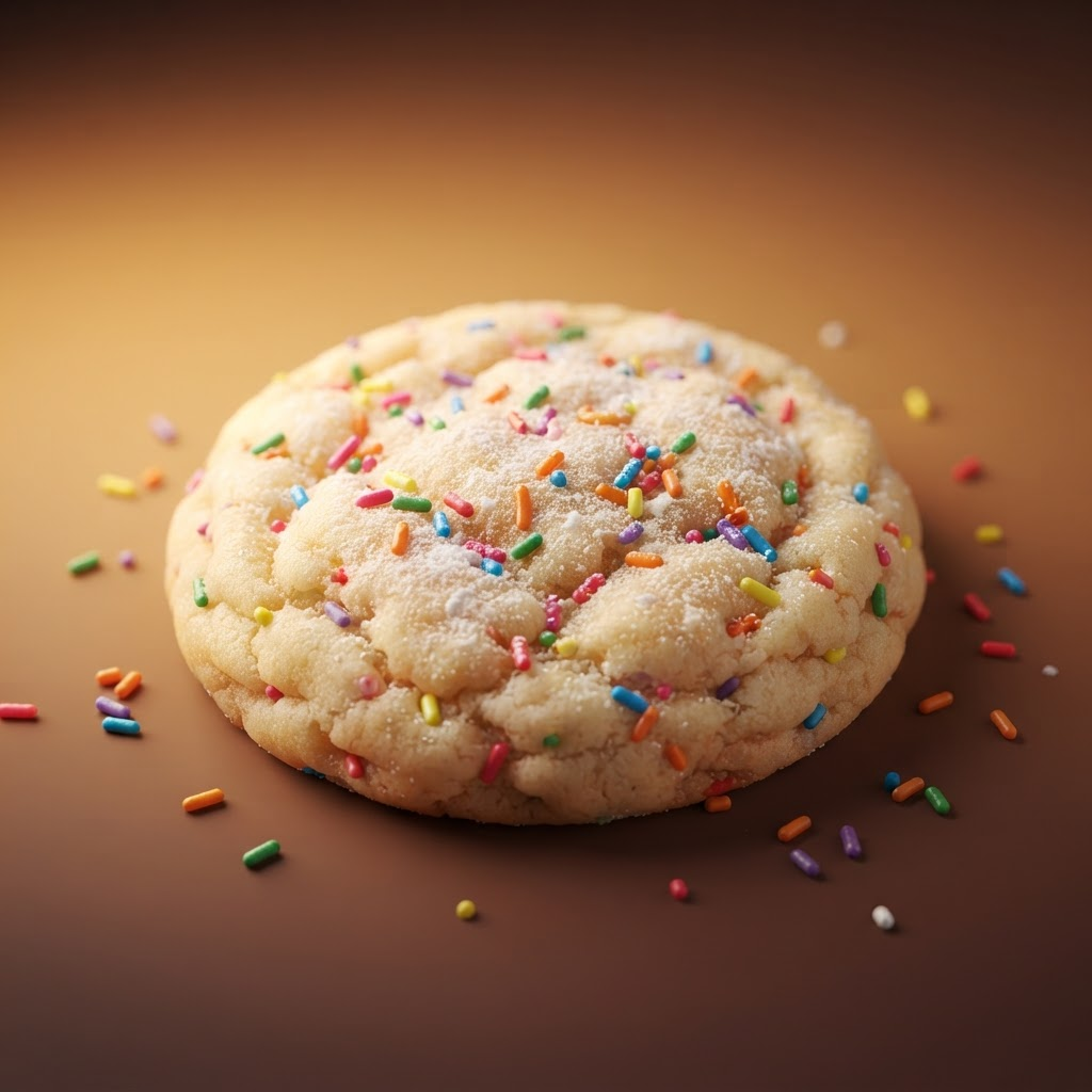 Homie cream-cheese kookie with rainbow sprinkles and powdered sugar
